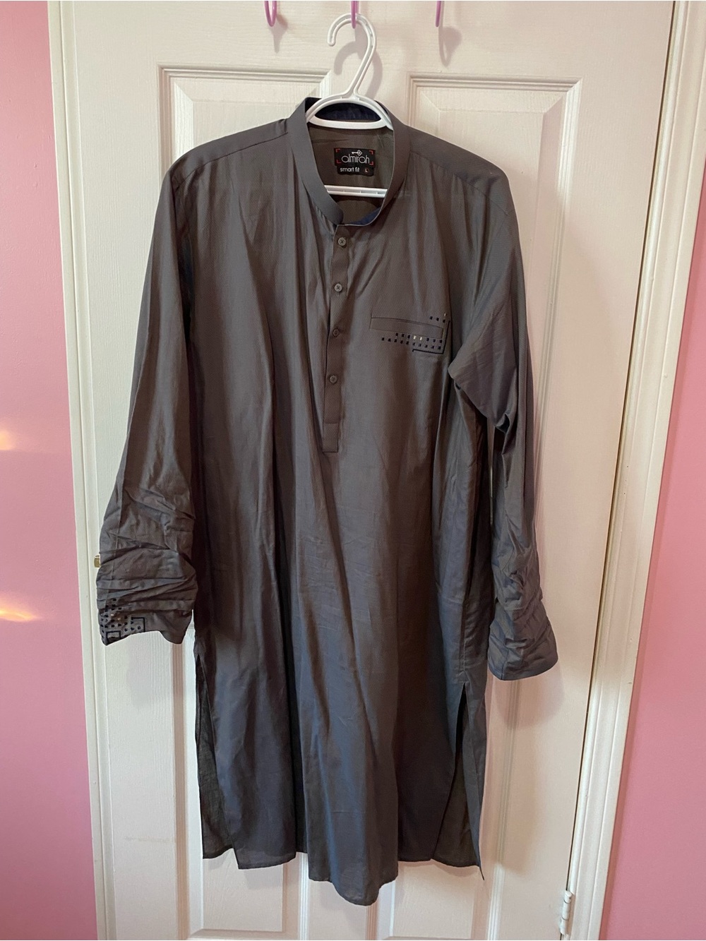 Mens Pakistani Kameez charcoal Gray Long Kurta with Collar Size Large